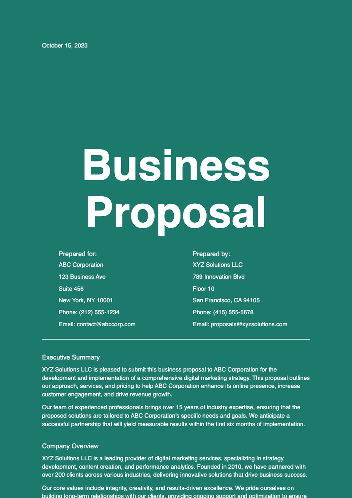 Green themed business proposal cover page with contact details_variant_2